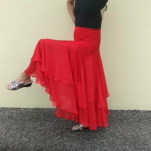 Very Fine Red Long Practice Skirt for Ballroom - Picture 2 of 8
